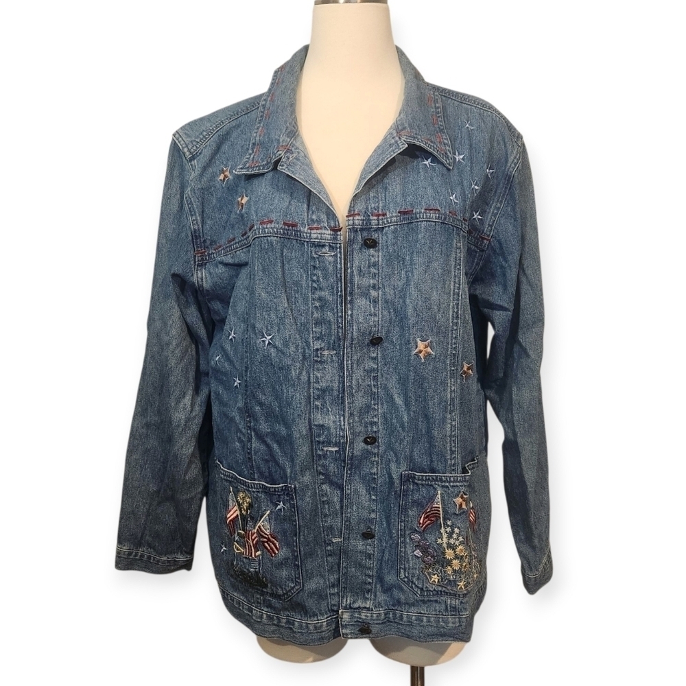 CJ BANKS VINTAGE EMBROIDERED DENIM SHACKET FLORAL STARS AMERICAN FLAG SZ 16W